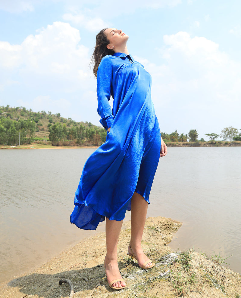 Rareism Women'S Galaxy Blue Shirt Collar Neck Full Sleeves With Back Zip Closure Satin Maxi Dress