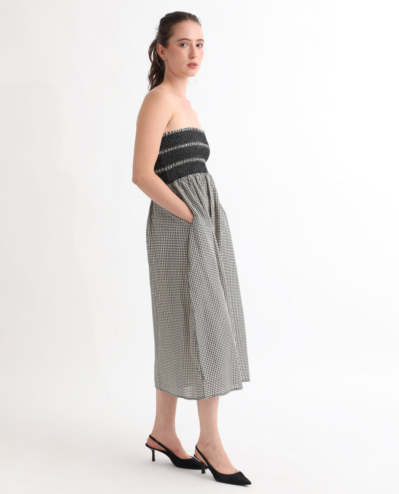 Rareism Women'S Anderson Beige Cotton Fabric Tube Neck Sleeveless Relaxed Fit Geometric Print Midi Empire Dress