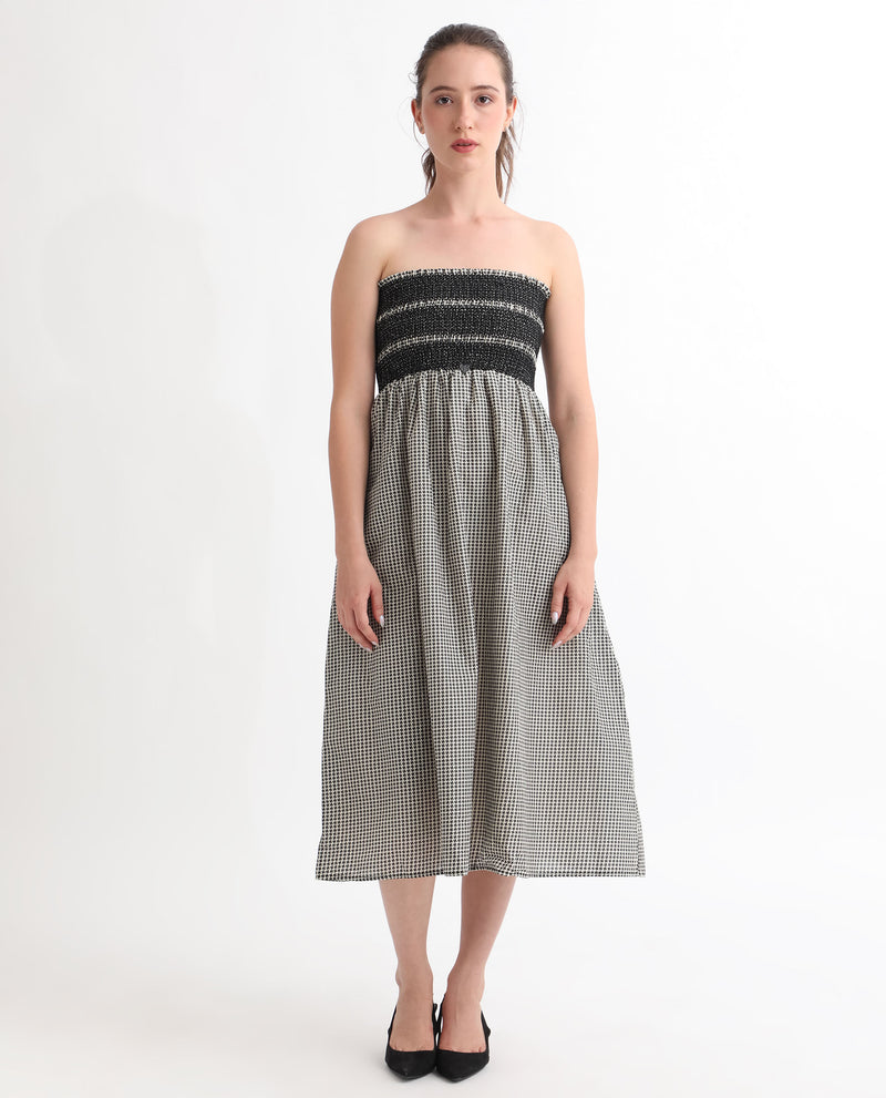 Rareism Women'S Anderson Beige Cotton Fabric Tube Neck Sleeveless Relaxed Fit Geometric Print Midi Empire Dress