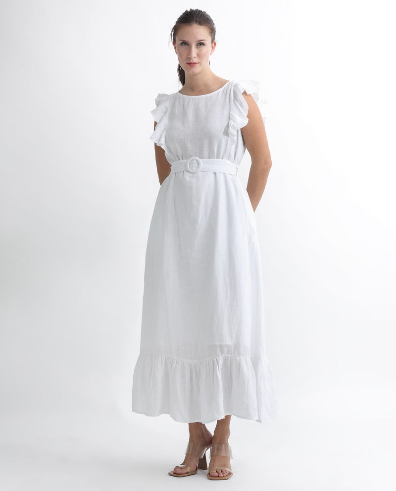 Rareism Women'S Anne White Linen Fabric Sleeveless Boat Neck Ruffled Sleeves Regular Fit Plain Maxi Empire Dress