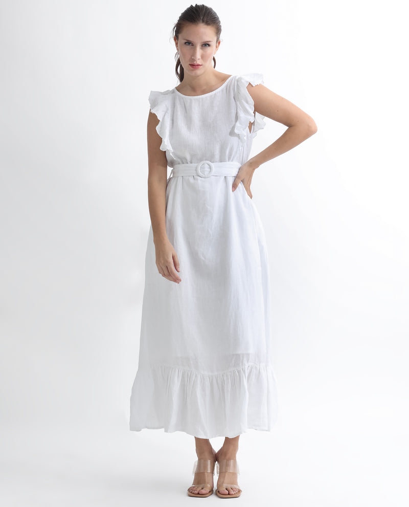 Rareism Women'S Anne White Linen Fabric Sleeveless Boat Neck Ruffled Sleeves Regular Fit Plain Maxi Empire Dress