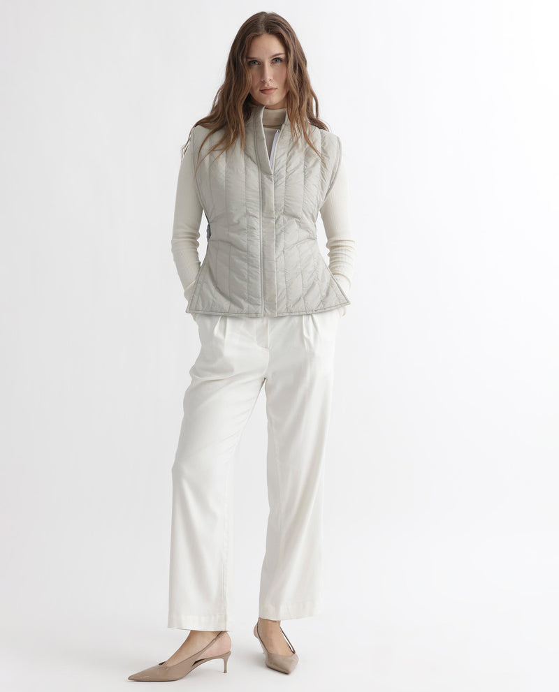 Rareism Women'S Aurora Beige Polyester Fabric Sleeveless Solid High Neck Jacket