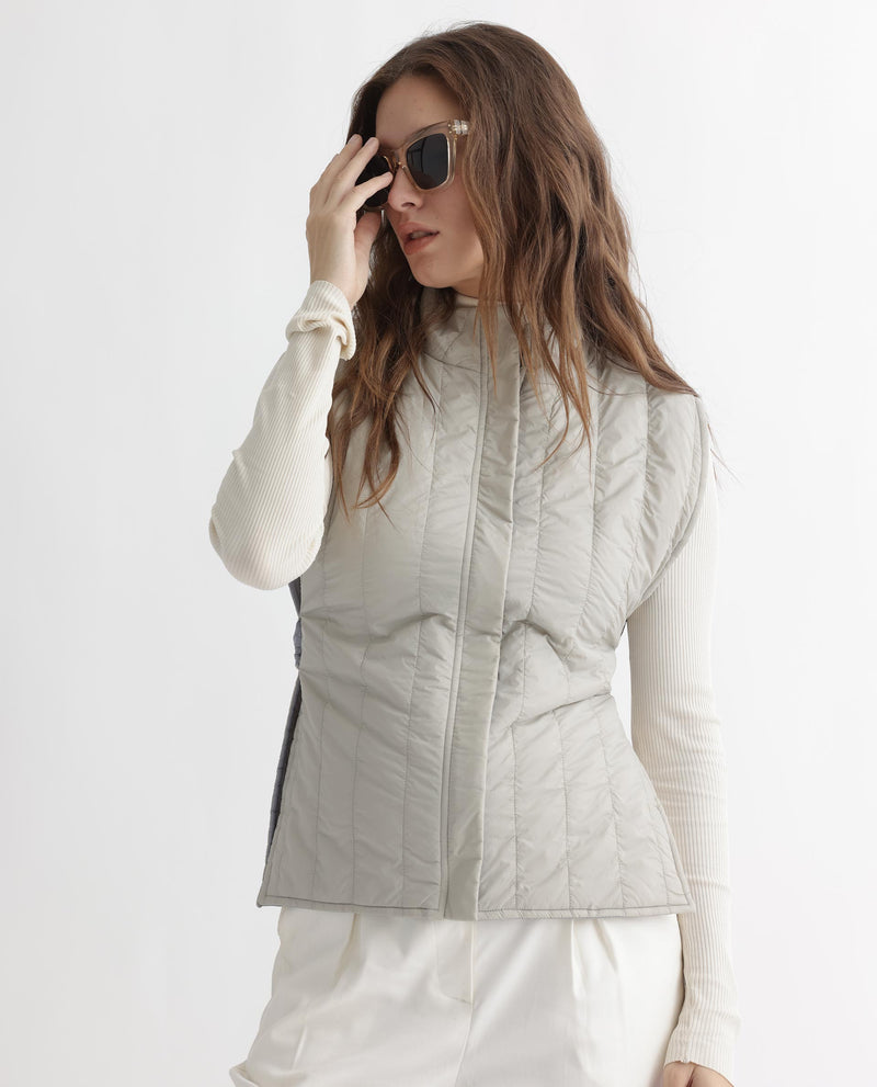 Rareism Women'S Aurora Beige Polyester Fabric Sleeveless Solid High Neck Jacket