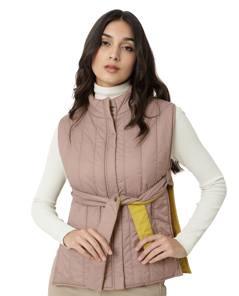 Rareism Women'S Aurora Pink Polyester Fabric Sleeveless Solid High Neck Jacket