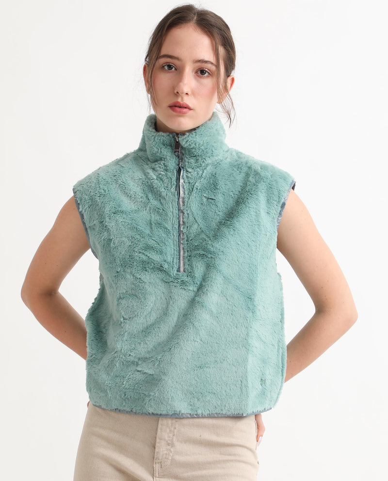 Rareism Women'S Beauro Green Polyester Fabric Sleeveless Regular Fit Solid Drop Collar Sweater