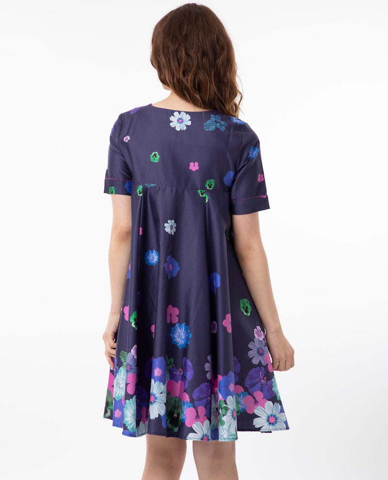 Rareism Women'S Belente Blue Cotton Fabric Short Sleeves Lapel Neck Flared Fit Floral Print Midi Empire Dress
