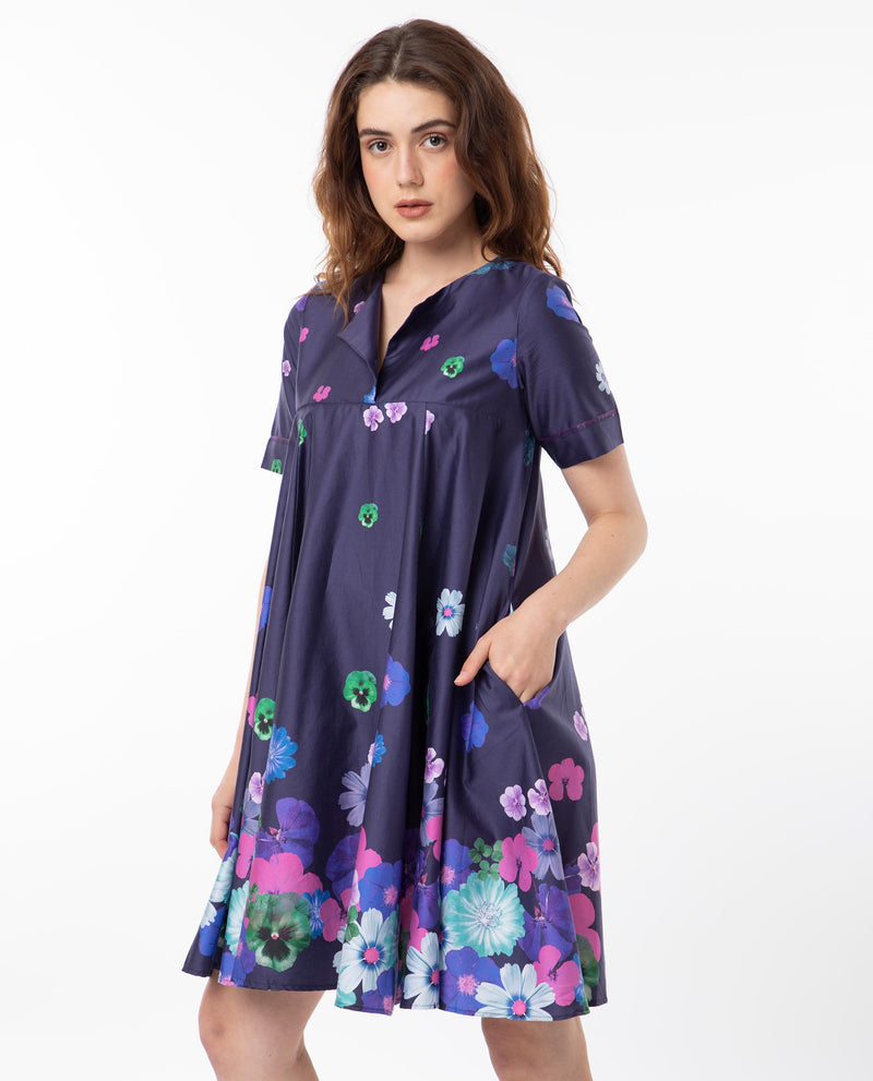 Rareism Women'S Belente Blue Cotton Fabric Short Sleeves Lapel Neck Flared Fit Floral Print Midi Empire Dress