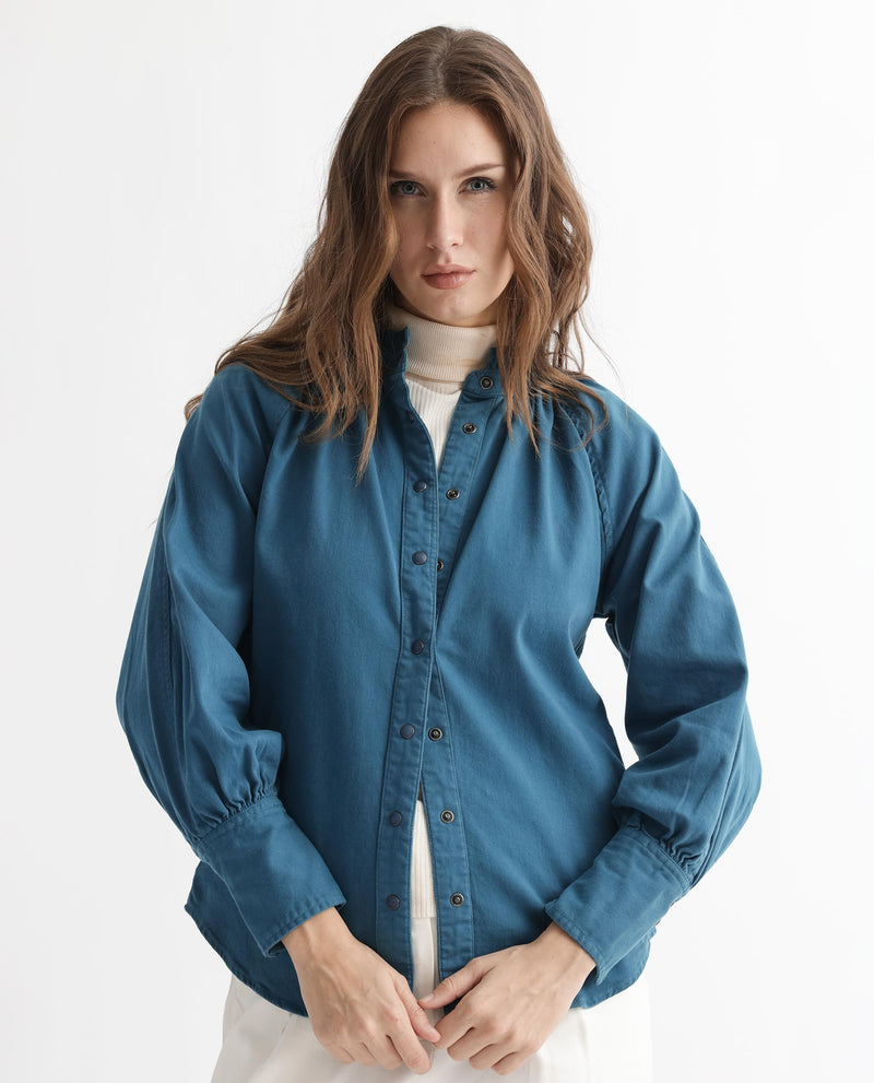 Rareism Women'S Bellona Petrol Cotton Fabric Full Sleeves Solid Ruffled Neck Jacket