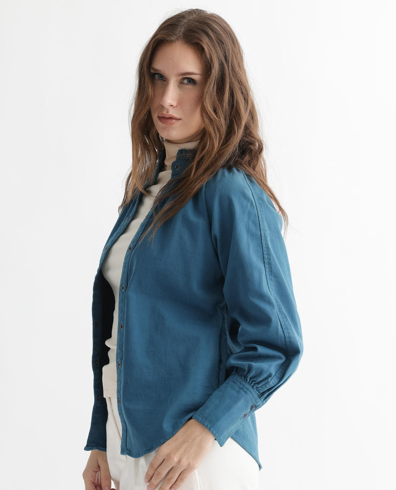 Rareism Women'S Bellona Petrol Cotton Fabric Full Sleeves Solid Ruffled Neck Jacket