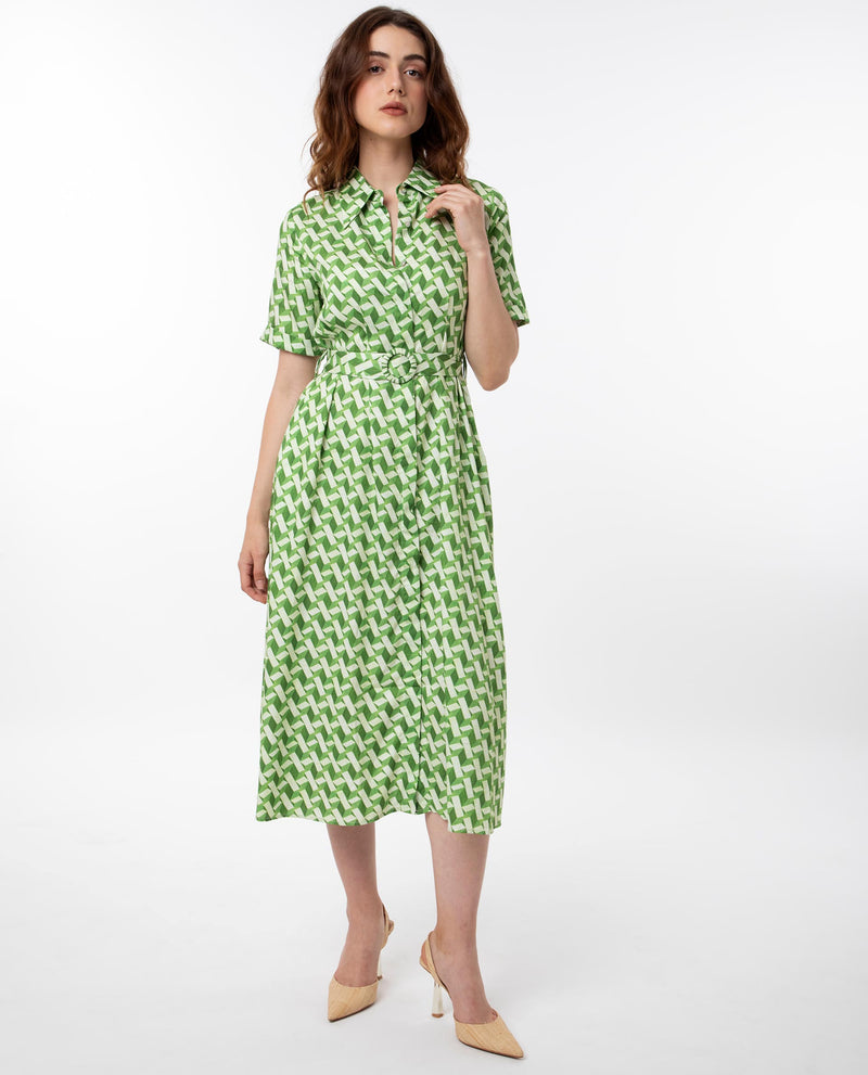 Rareism Women'S Bunt Green Cotton Fabric Short Sleeves Button Closure Shirt Collar Regular Fit Geometric Print Knee Length Shirt Type Dress