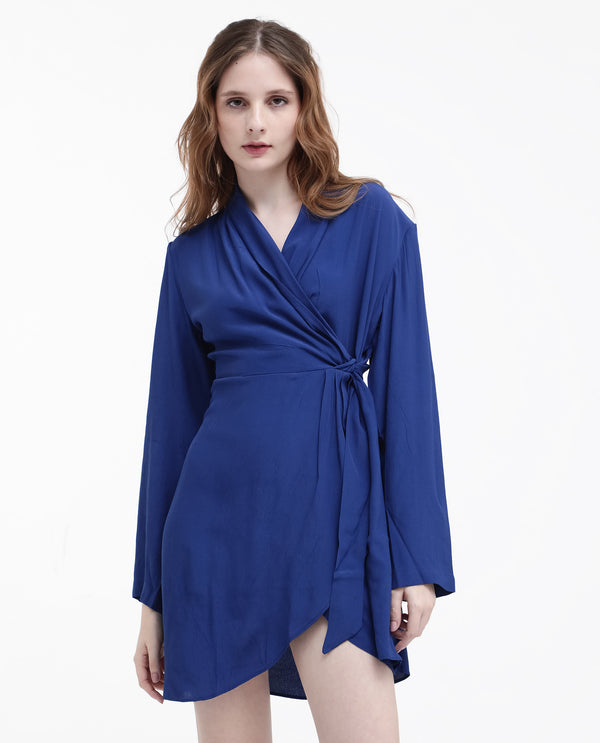 Rareism Women's Celler Flouroscent Blue Rayon Fabric Regular Sleeves Collared Neck Solid Wrap Regular Length Dress