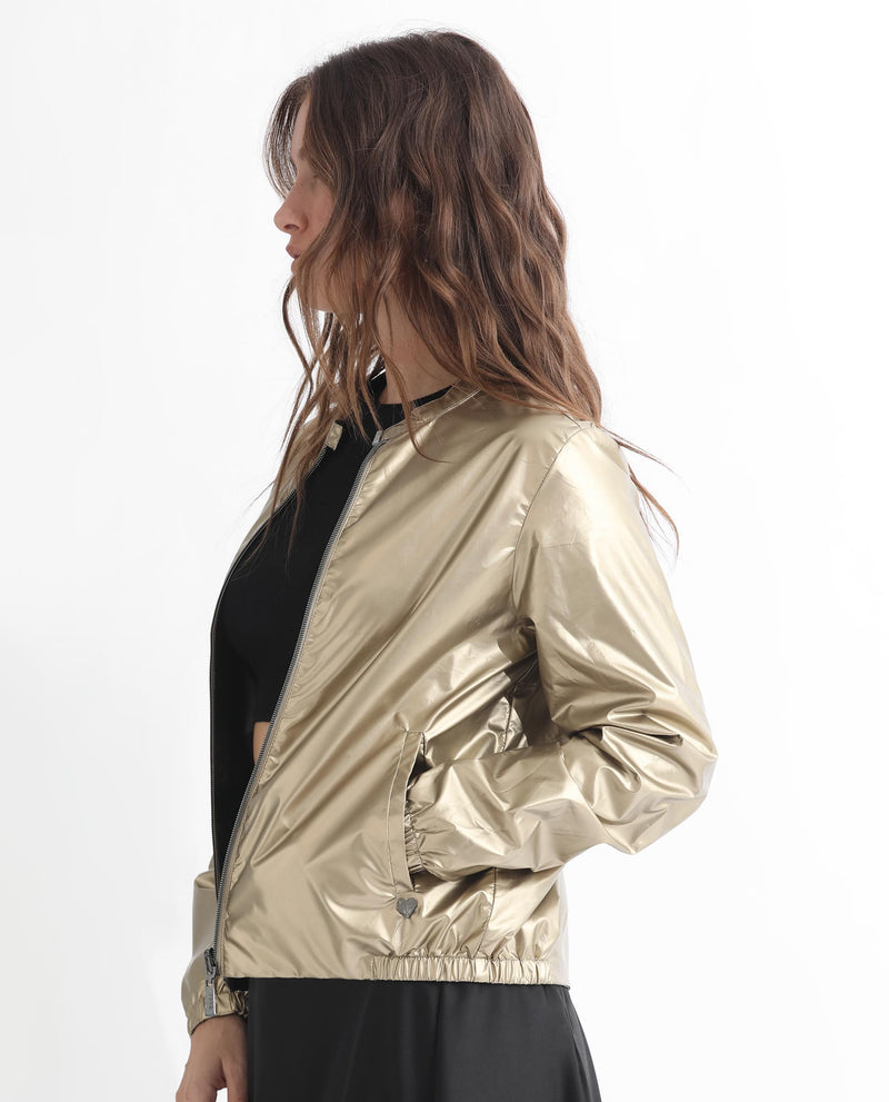 Rareism Women'S Charlotte Gold Polyester Fabric Full Sleeves Solid Mandarin Collar Jacket
