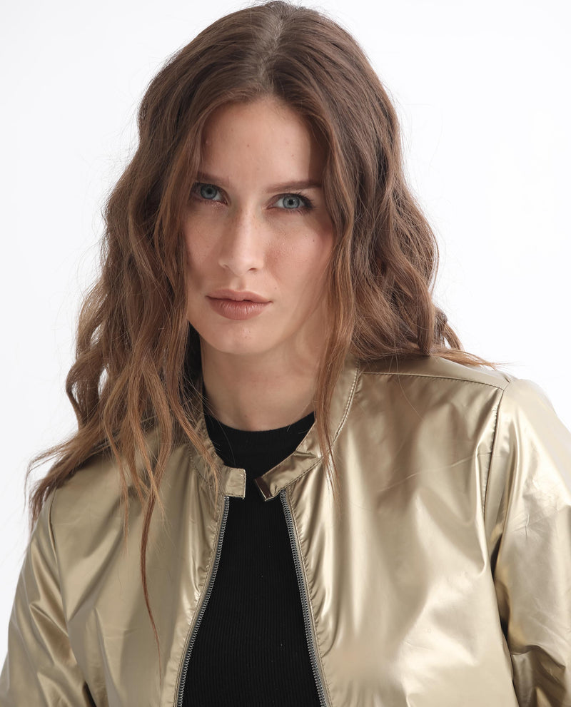 Rareism Women'S Charlotte Gold Polyester Fabric Full Sleeves Solid Mandarin Collar Jacket
