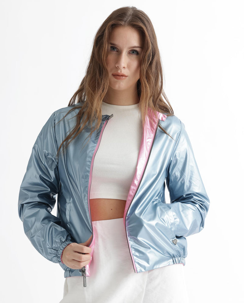Rareism Women'S Charlotte Pink Polyester Fabric Full Sleeves Solid Mandarin Collar Jacket
