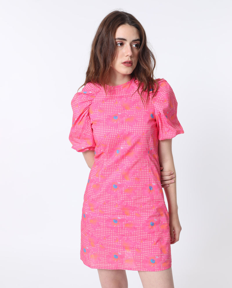 Rareism Women'S Clark Fluorescent Pink Cotton Fabric Short Sleeves Zip Closure Round Neck Puff Sleeve Slim Fit Floral Print Short Asymmetric Dress