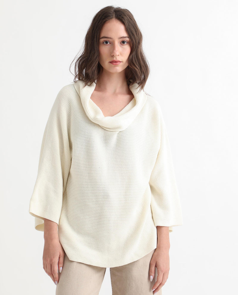 Rareism Women'S Cleo Off White  3/4Th Sleeves Relaxed Fit Solid Cowl Neck Sweater