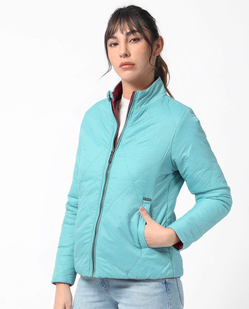 Rareism Women'S Cora Blue Polyester Fabric Full Sleeves Solid High Neck Jacket