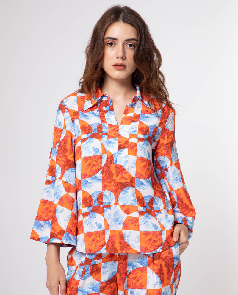 Rareism Women'S Crawford Orange Viscose Fabric 3/4Th Sleeves Shirt Collar Flared Sleeve Regular Fit Floral Print Top