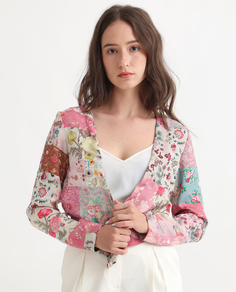 Rareism Women'S Cyan Beige Polyester Fabric Full Sleeves Regular Fit Floral Print Shrug