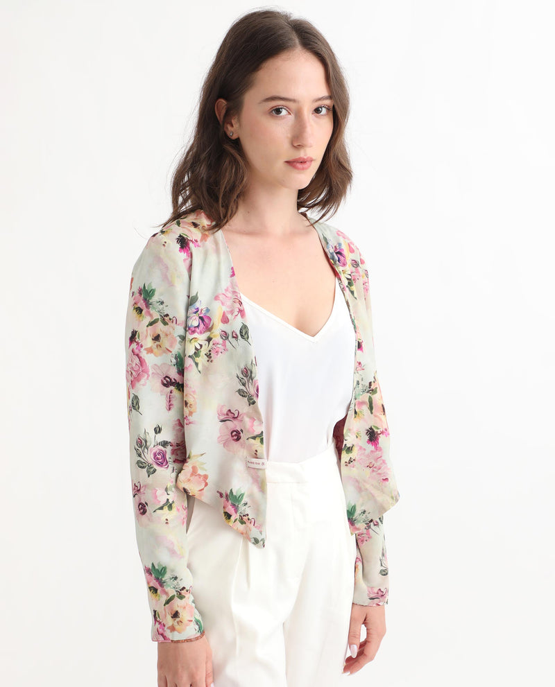 Rareism Women'S Cyan Beige Polyester Fabric Full Sleeves Regular Fit Floral Print Shrug