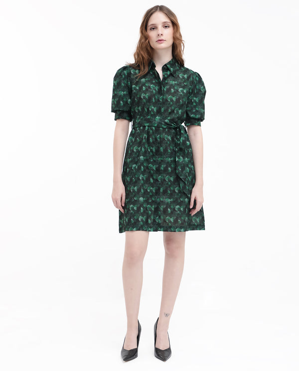 Rareism Women's Cynthia Dark Green Linen Fabric Short Sleeve Collared Neck Button Closure Geometric Print Regular Fit Dress