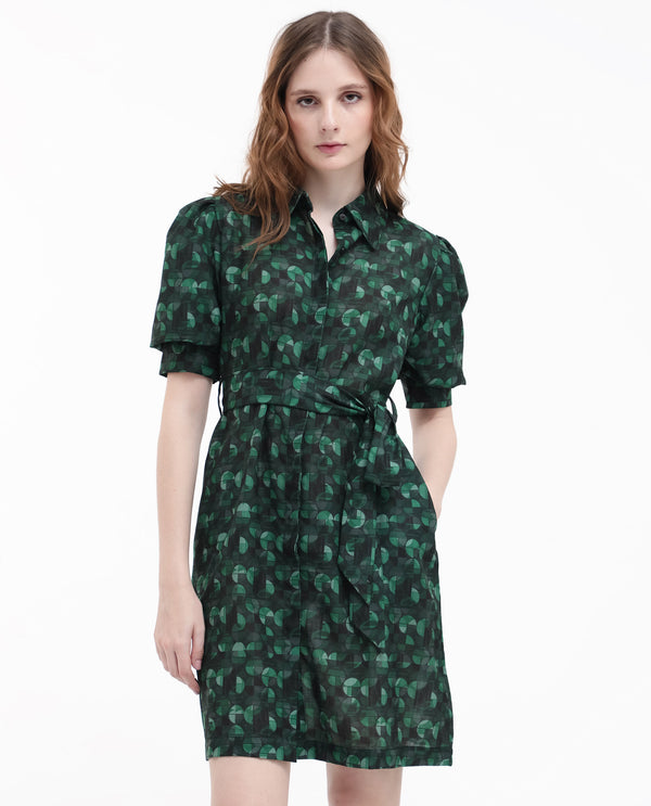 Rareism Women's Cynthia Dark Green Linen Fabric Short Sleeve Collared Neck Button Closure Geometric Print Regular Fit Dress