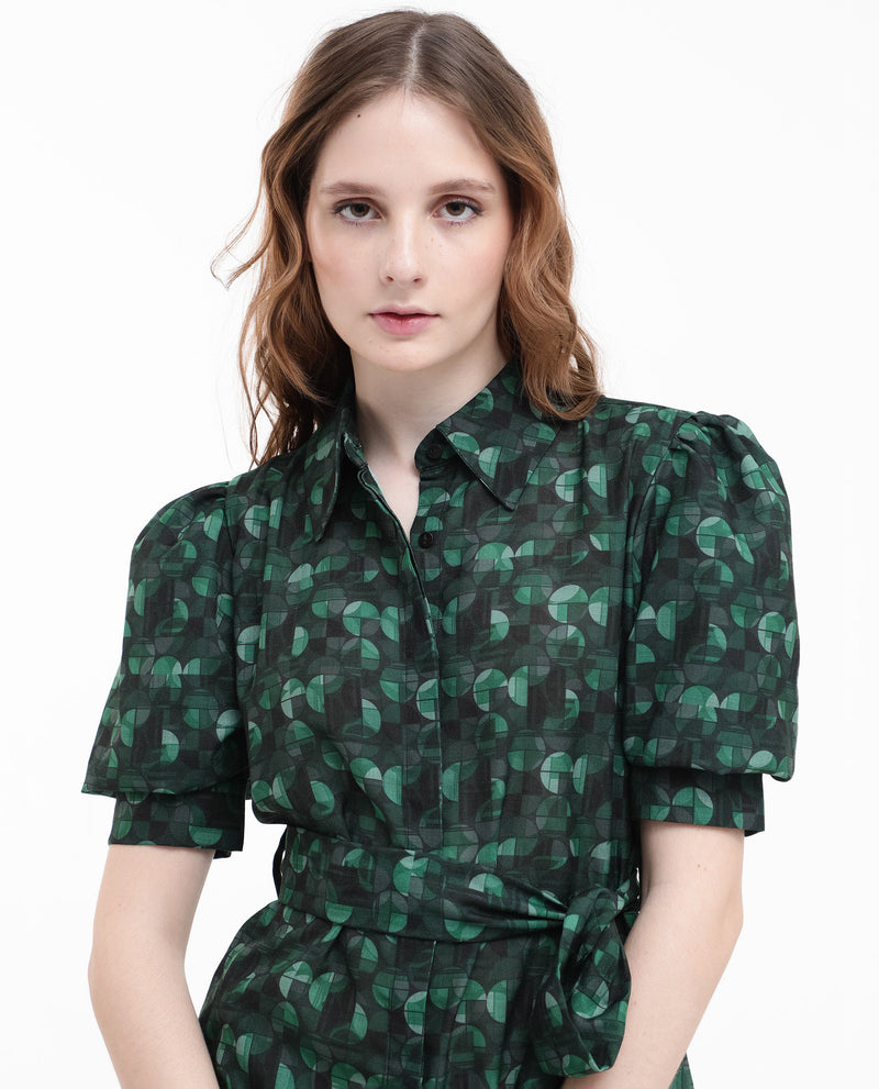 Rareism Women'S Cynthia Dark Green Linen Fabric Geometric Print Collared Dress In Linen