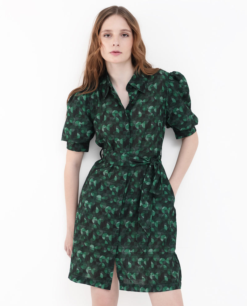 Rareism Women'S Cynthia Dark Green Linen Fabric Geometric Print Collared Dress In Linen