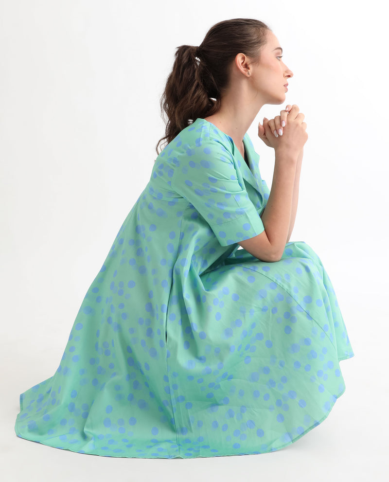 Rareism Women'S Davidson Dusky Green Cotton Fabric Short Sleeves Over Lap Flared Fit Polka Short Empire Dress