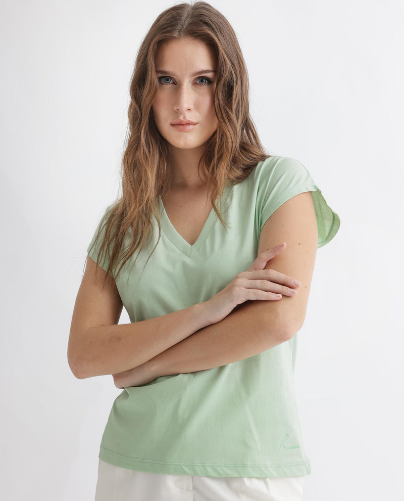Rareism Women'S Debra Green Cotton Fabric Regular Fit Half Sleeves Solid Crew Neck T-Shirt