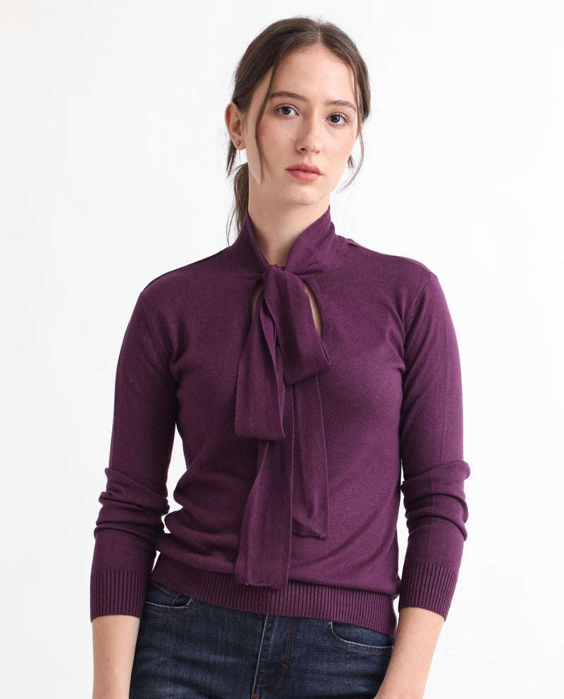 Rareism Women'S Dolce Purple Viscose Fabric Full Sleeves Regular Fit Solid Tie-Up Neck Sweater