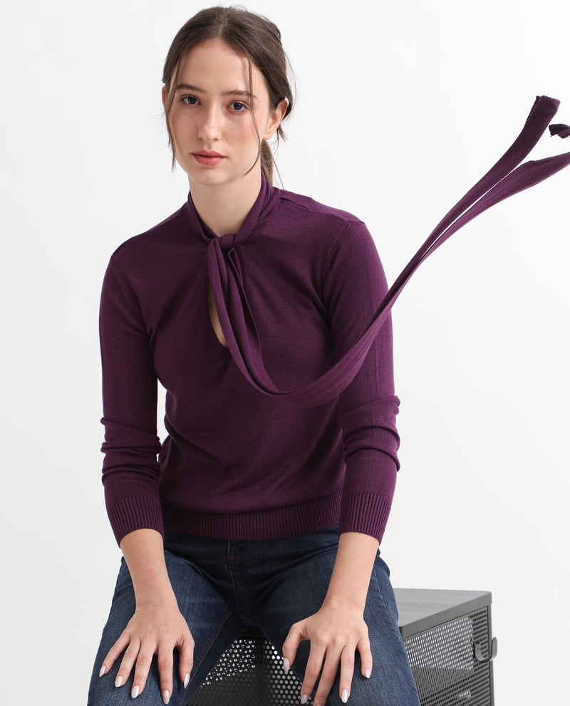 Rareism Women'S Dolce Purple Viscose Fabric Full Sleeves Regular Fit Solid Tie-Up Neck Sweater
