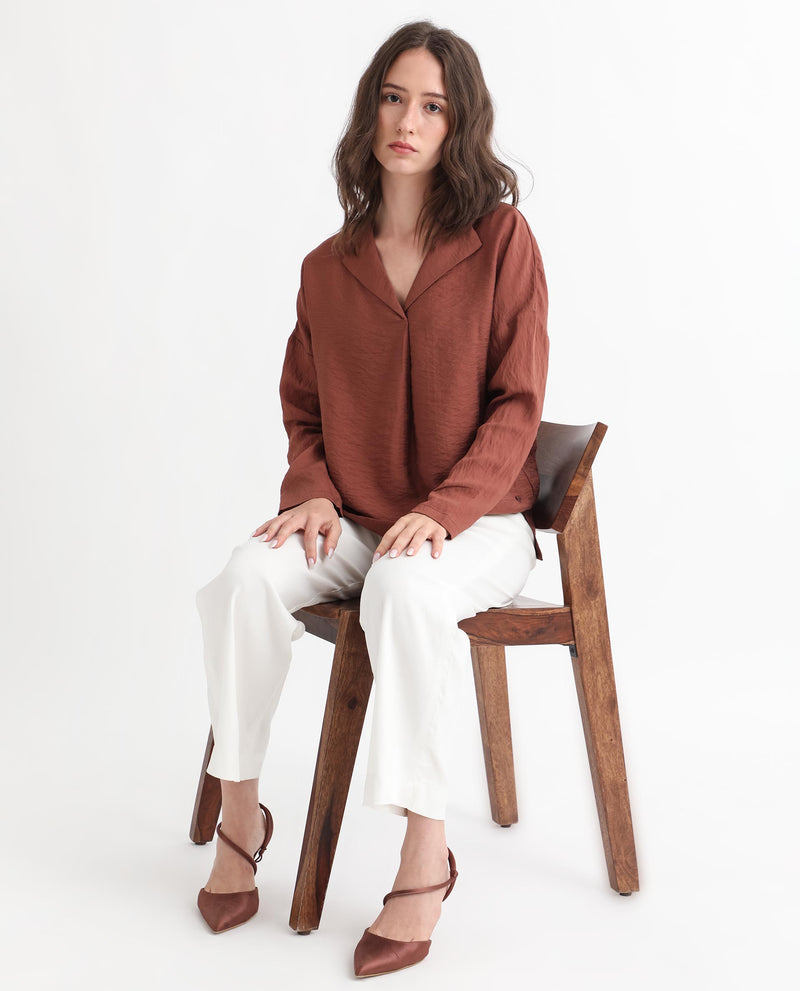 Rareism Women'S Drap Brown Viscose Nylon Fabric Full Sleeves Lapel Neck Relaxed Fit Plain Knee Length Top
