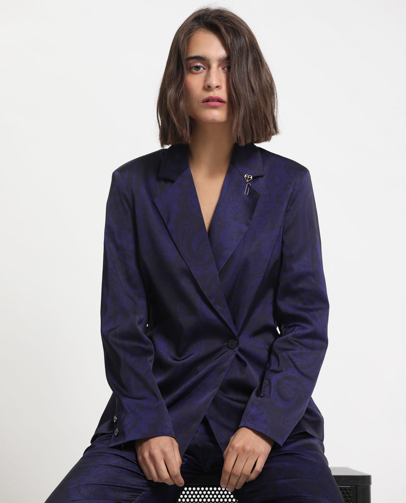 Rareism Women'S Esena Dark Navy Polyester Fabric Full Sleeves Button Closure Lapel Neck Tailored Fit Abstract Print Blazer