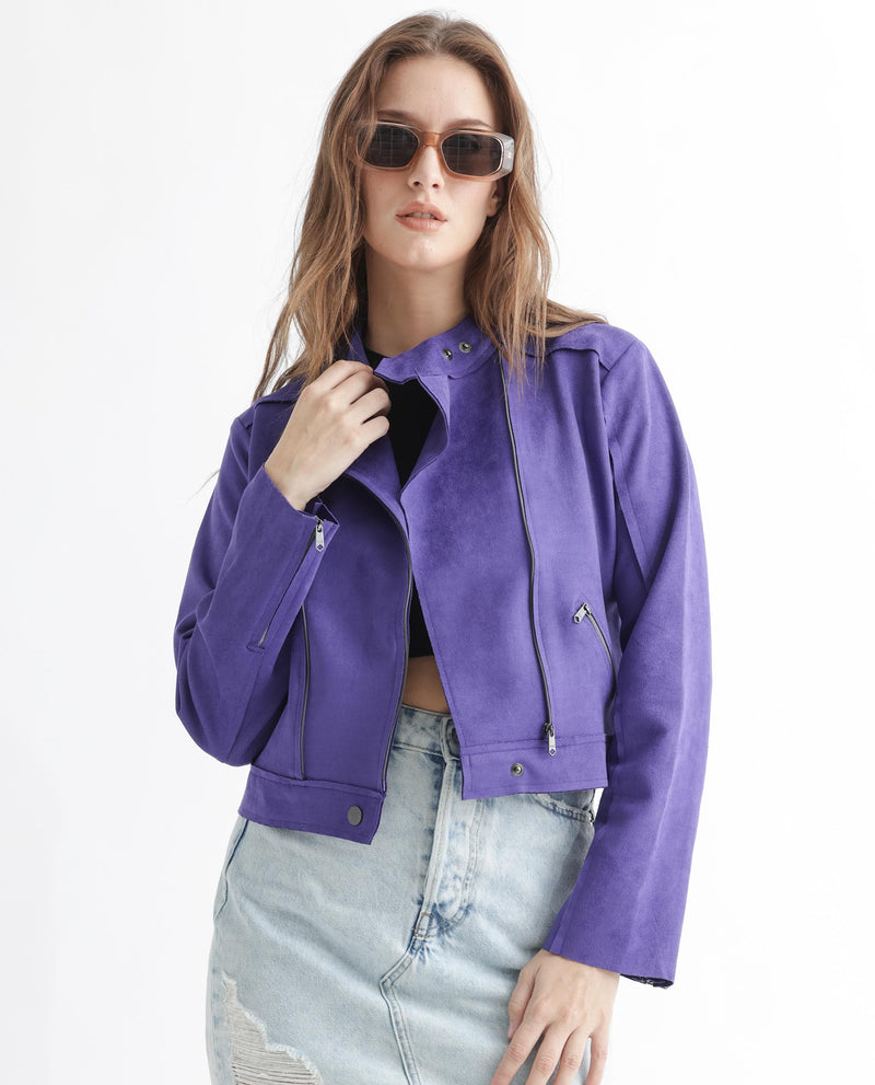 Rareism Women'S Everlee Purple Polyester Fabric Full Sleeves Solid Mandarin Collar Jacket
