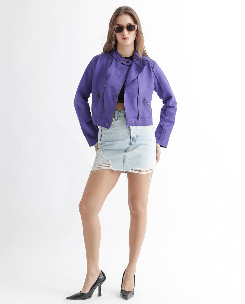 Rareism Women'S Everlee Purple Polyester Fabric Full Sleeves Solid Mandarin Collar Jacket