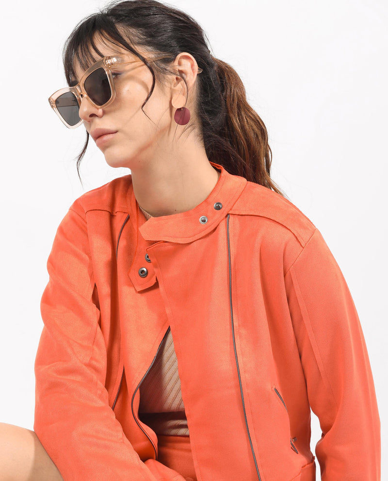 Rareism Women'S Everlee Orange Polyester Fabric Full Sleeves Solid Mandarin Collar Jacket