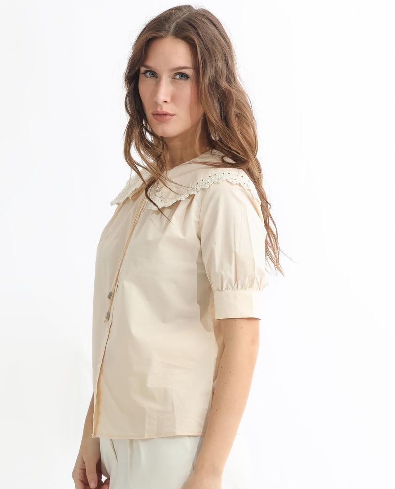 Rareism Women'S Farse Light Beige Polyester Fabric Regular Fit Shirt Collar Half Sleeves Solid Top
