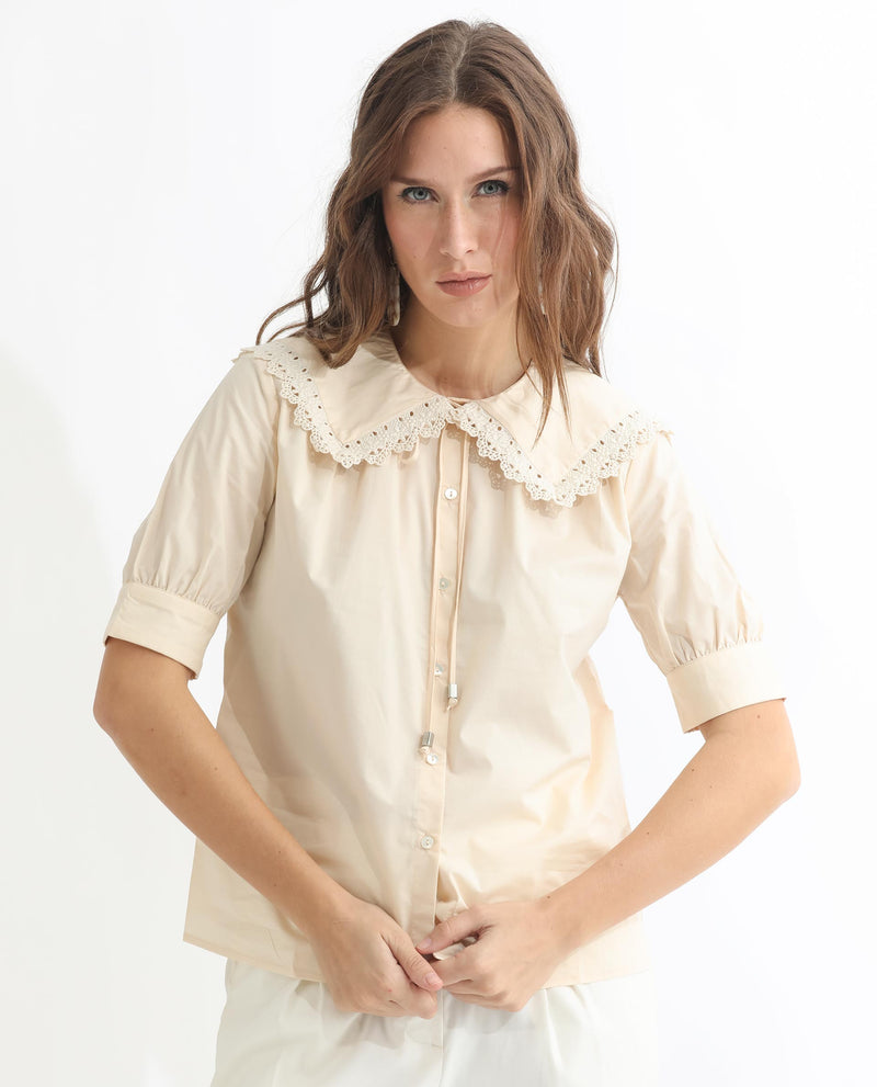 Rareism Women'S Farse Light Beige Polyester Fabric Regular Fit Shirt Collar Half Sleeves Solid Top