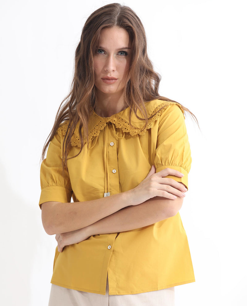 Rareism Women'S Farse Dark Yellow Polyester Fabric Regular Fit Shirt Collar Half Sleeves Solid Top