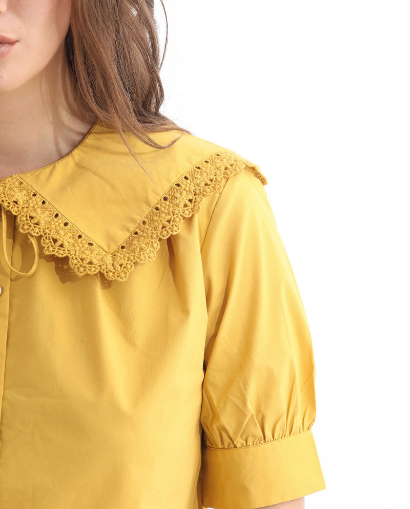 Rareism Women'S Farse Dark Yellow Polyester Fabric Regular Fit Shirt Collar Half Sleeves Solid Top