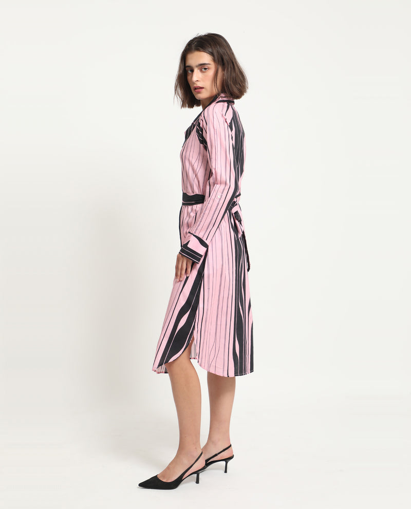 Rareism Women'S Fraser Dark Pink Cotton Fabric Full Sleeves Button Closure Shirt Collar Cuffed Sleeve Fit And Flare Striped Midi Boxy Dress