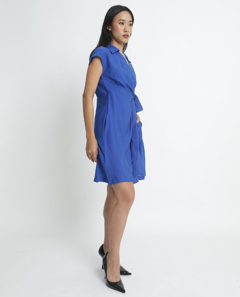 Rareism Women'S Gesto Blue Viscose Nylon Fabric Short Sleeves Tie-Up Closure Drop Collar Extended Sleeve Regular Fit Plain Short Dress
