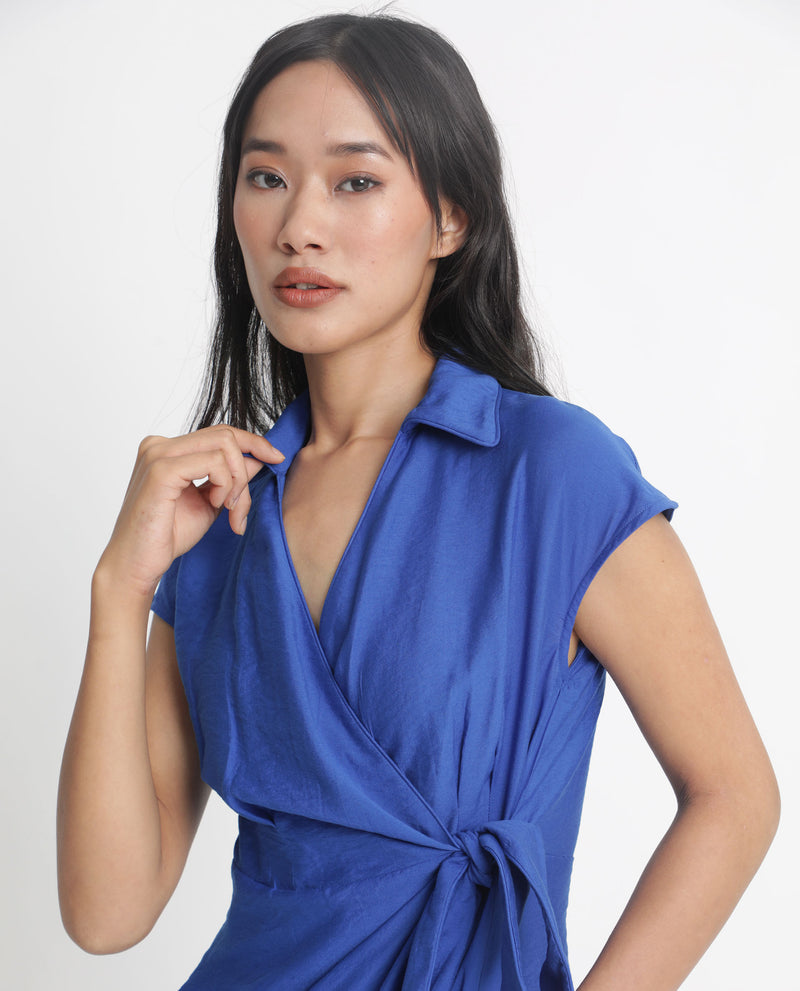 Rareism Women'S Gesto Blue Viscose Nylon Fabric Short Sleeves Tie-Up Closure Drop Collar Extended Sleeve Regular Fit Plain Short Dress