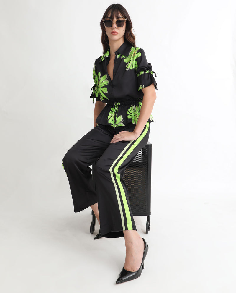 Rareism Women'S Gordon Black Polyester Fabric Drawstring Closure Regular Fit Striped Ankle Length Trousers