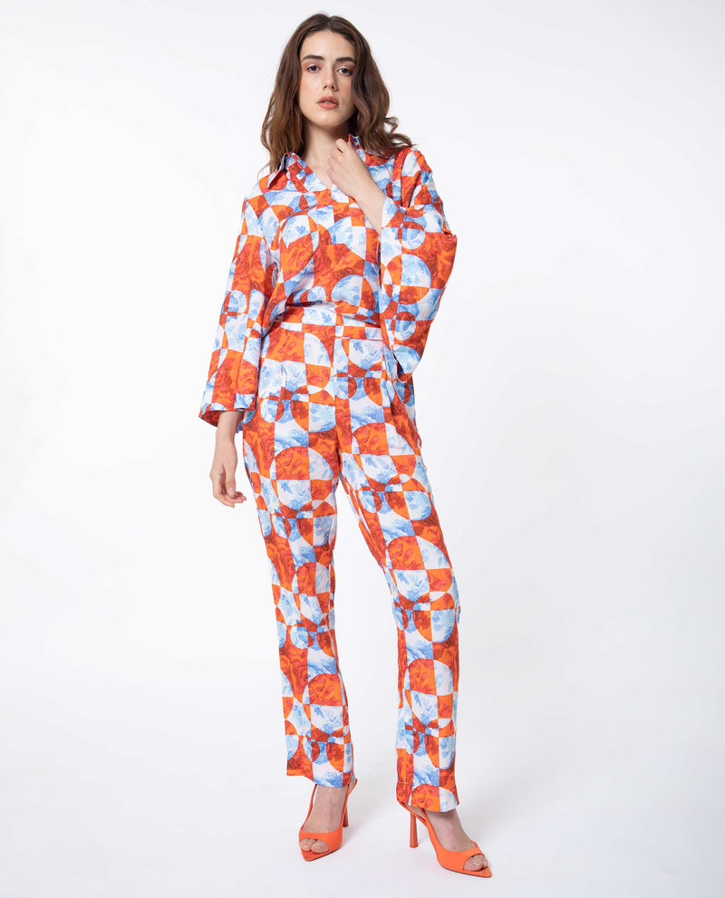 Rareism Women'S Gray Orange Viscose Fabric Drawstring Closure Regular Fit Floral Print Ankle Length Trousers