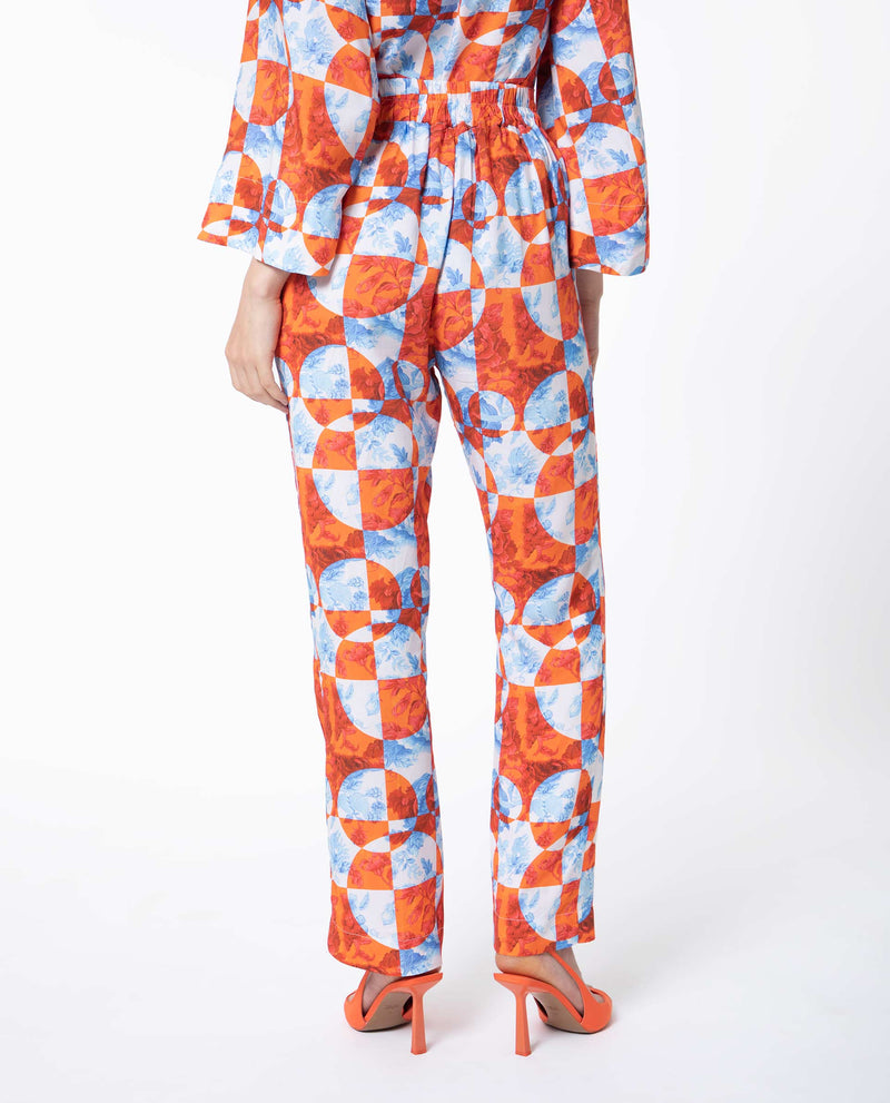 Rareism Women'S Gray Orange Viscose Fabric Drawstring Closure Regular Fit Floral Print Ankle Length Trousers