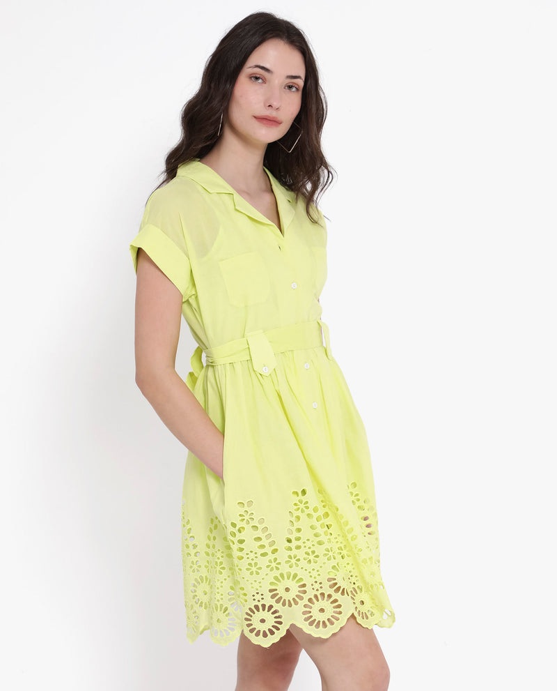 Rareism Women'S Gunthaar Light Green Cotton Fabric Cap Sleeve Collared Neck Solid Longline Dress