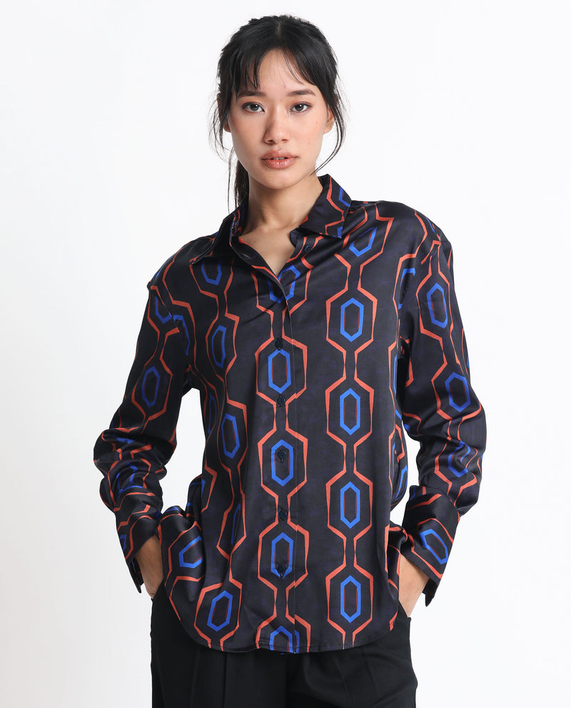 Rareism Women'S Harbe Black Polyester Fabric Full Sleeves Button Closure Shirt Collar Regular Fit Geometric Print Shirt