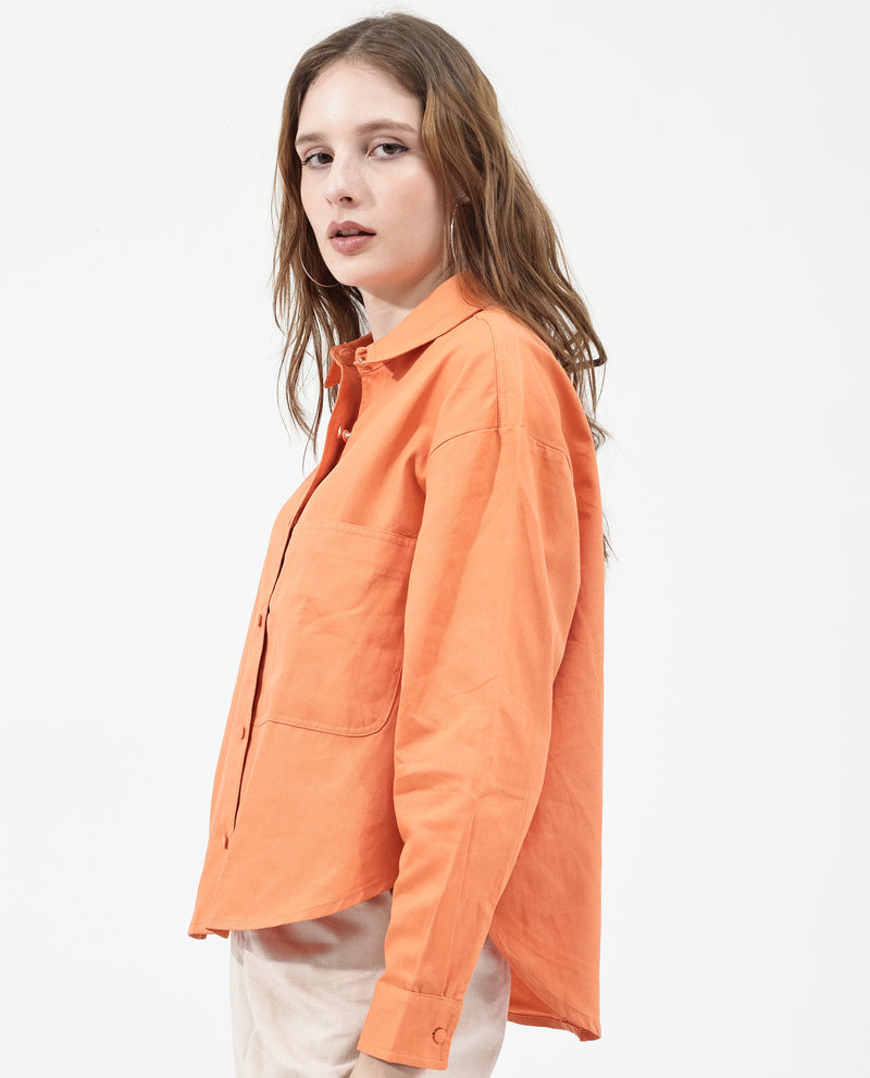 Rareism Women'S Harrila Orange Cotton Fabric Collared Neck Solid Regular Fit Shirt